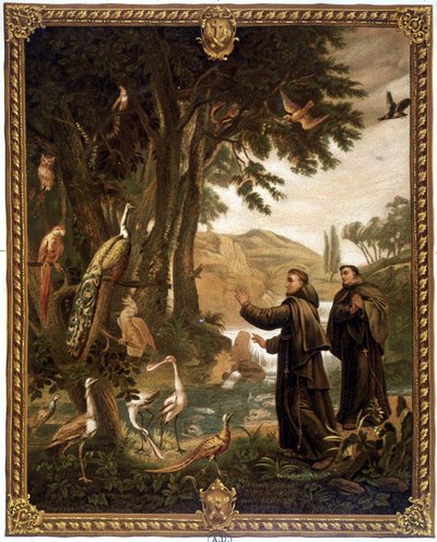 St. Franciscus van Assisi spreekt met vogels - 19e-eeuwse chromo die een 18e-eeuws schilderij reproduceert. door Unknown artist