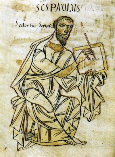 St. Paulus schrijft, uit een vroeg 9e-eeuws manuscript van de brieven van St. Paulus door Unknown artist