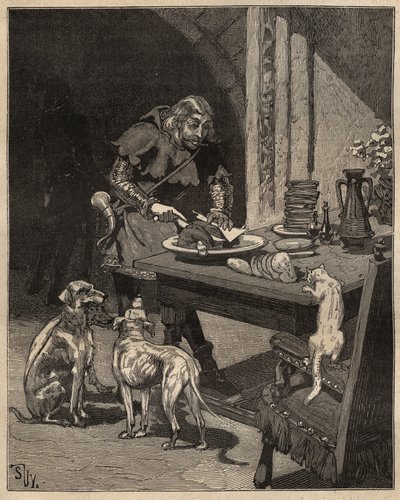 Tafelkunst: snijdt voedsel voordat de vork arriveert. Een man houdt het vlees vast met een vel papier in de ene hand en gebruikt zijn mes in de andere. Gravure uit 1885 in “Les arts et métiers illustrés” door Adolphe BITARD door Unknown artist