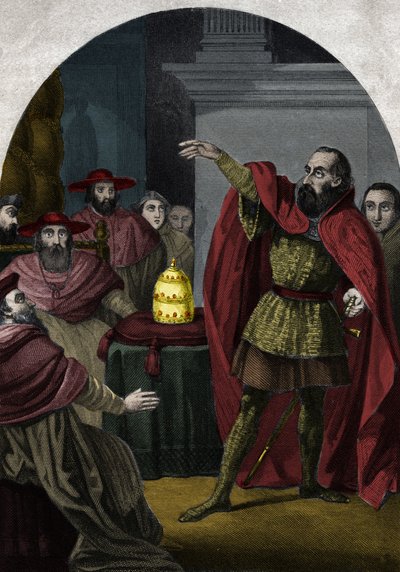 De tegenpaus Johannes XXIII (Antipapa Giovanni 23) (1410-1415) (Baldassarre Cossa) werd in 1410 door het Concilie van Pisa uitgeroepen tot soevereine paus. Gravure uit 1842 in 