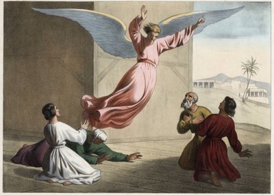 De aartsengel Rafaël verlaat de familie Tobie. Anonieme gravure uit het midden van de 19e eeuw door Unknown artist