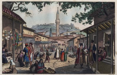 De bazaarmarkt van Athene in het begin van de 19e eeuw - gravure uit 