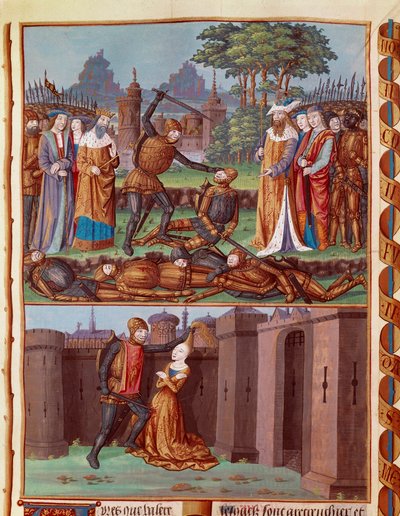 De slag van de Horatii en Curiatii. De drie Horatii van Rome ontmoeten de drie Curiatii. Verschillende gevechtsscènes door Unknown artist