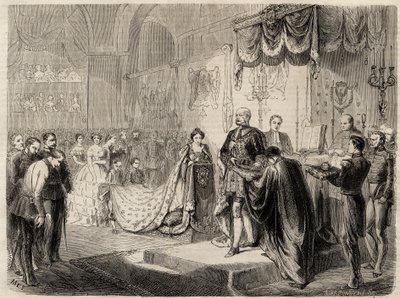De kroning van koning Willem I in Koningsbergen in 1861 - De kroning van de koning en koningin van Pruisen in de Slotkerk Koningsbergen - Willem I van Pruisen - 1861 door Unknown artist
