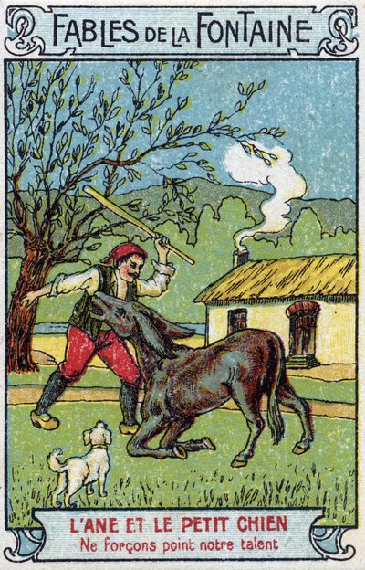 De Ezel en de Kleine Hond - Fabels van Jean de La Fontaine (1621-95) Chromolithografie van het einde van de 19e eeuw Privécollectie door Unknown artist