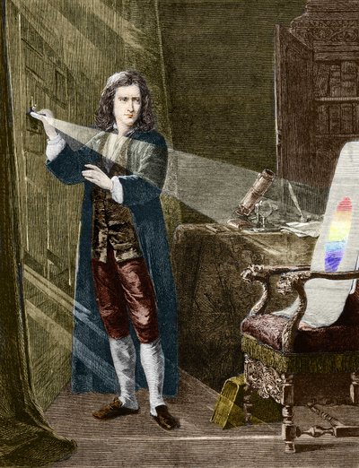 De Engelse natuurkundige Isaac Newton (1642-1727) die licht ontleedt met een glazen prisma door Unknown artist