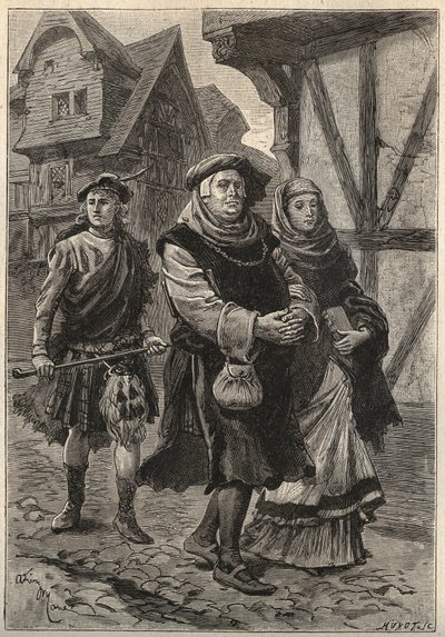 De handschoenmaker begeleidt zijn dochter naar de kerk - 19e eeuw illustratie voor de historische roman 