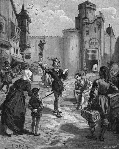 De Duitse ridder, dichter en humanist Ulrich von Hutten (1488-1523) declameert een van zijn gedichten op straat. Gravure uit de 19e eeuw. In 