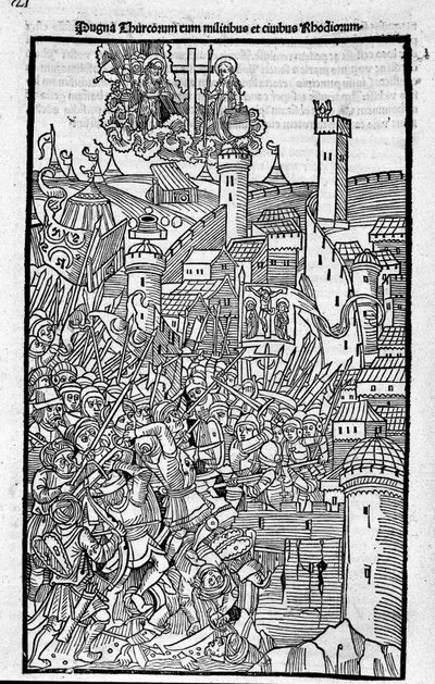 De Ridders van Rhodos (de Orde van de Hospitaalridders van Sint-Jan van Jeruzalem) vallen Rhode Island aan in 