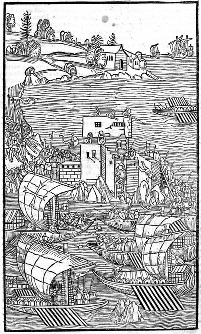 De Ridders van Rhodos (de Orde van de Hospitaalridders van Sint-Jan van Jeruzalem) vallen Rhode Island aan in "Rhodiorum Historia" door Guilelmus Caorsin, Ulmae, Joh. Reger 24 oktober door Unknown artist