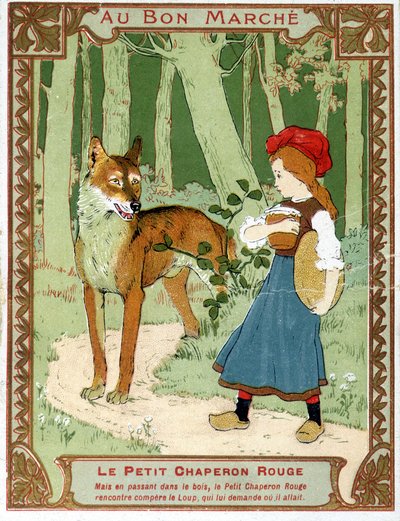 Roodkapje ontmoet de wolf - Bon Marché reclame-etiket door Unknown artist