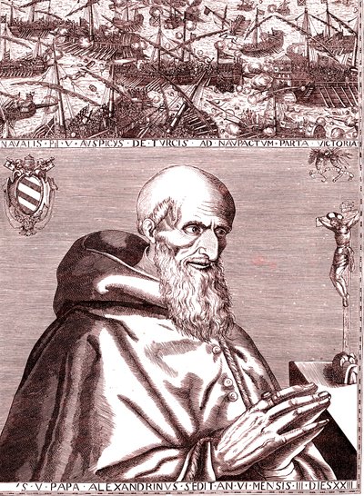 De paus Pius V sluit een alliantie met de Spaanse vloot en de Venetiaanse vloot tegen de Turken in de slag bij Lepanto in oktober 1571 door Unknown artist