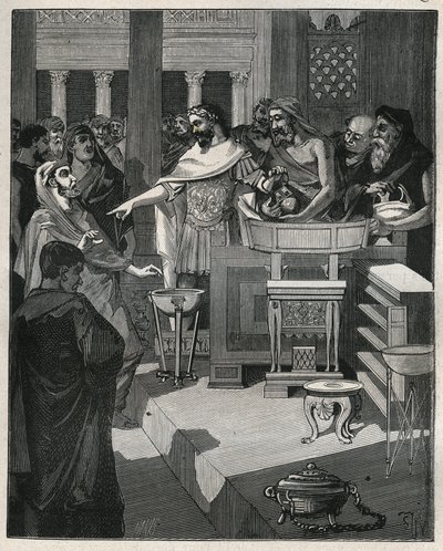 De Romeinse keizer Caligula in een brocanteur in Romeins Gallië. Gravure uit 1885 in 