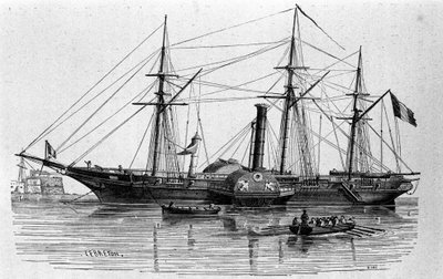 De Sfinx, de eerste stoomboot van de Franse marine gebouwd in 1830. Gravure uit de 19e eeuw door Unknown artist