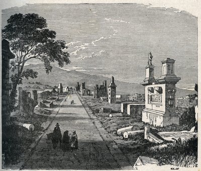 De oude Appiaanse weg, via appia die de Pontijnse moerassen (Agro pontino) bij Rome doorkruist. Gravure uit de 19e eeuw. door Unknown artist