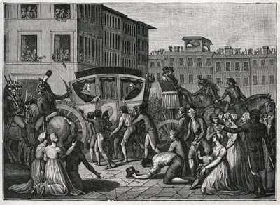 De aankomst van paus Pius VI (Giovanni Angelo Braschi genaamd Pius VI, PIO 1717-1799) in Grenoble in 1799. Gravure uit 1800. door Unknown artist