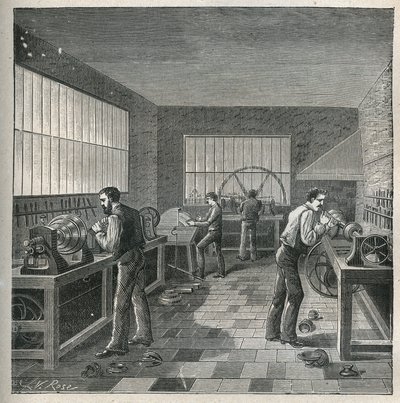De kunst van het draaien: metaalbewerking in een werkplaats van een draaier-repeller. Gravure uit 1885 in 