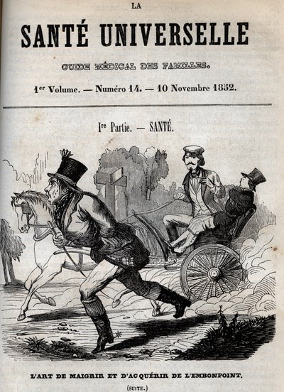 De kunst van afvallen en aankomen: een man loopt terwijl een ander in een koets wordt vervoerd - gravure in 