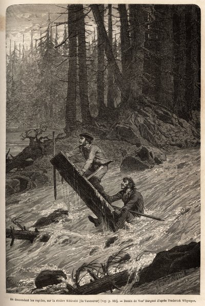 De auteur en zijn reiziger, Mcdonald, die de stroomversnellingen op de Nittinaht-rivier (Vancouver Island) afdalen op een geïmproviseerd vlot. Gravure ter illustratie van de reis en avonturen in Engels Colombia, Vancouver Island en Alaska, door Frederick W door Unknown artist