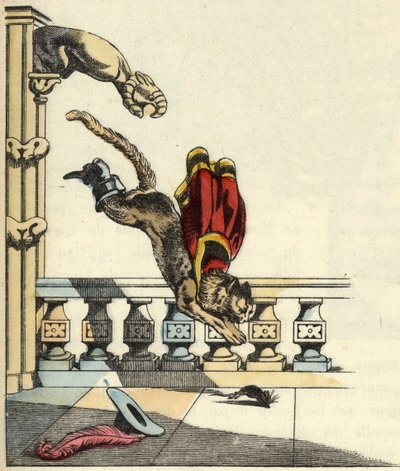 De laars kat vraagt de reus om in een muis te veranderen en springt om hem op te eten (illustratie van het sprookje 