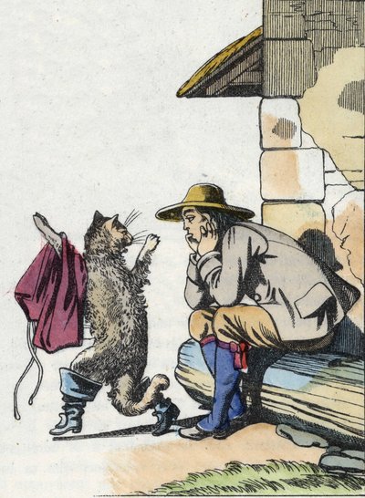De kat vraagt zijn meester om kleren en laarzen en belooft snel rijk te worden. Illustratie van het sprookje 