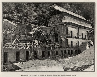 De kapel verwoest door de overstroming van de Arve. Gravure door Berteault. door Unknown artist