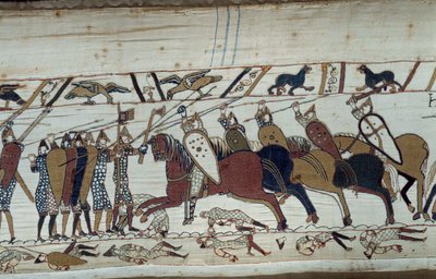 De verovering van Engeland door de Hertog van Normandië Willem de Veroveraar (1027-1087) in 1066: scène van de slag bij Hastings tussen de Normandische infanterie en de Saksische cavalerie Detail van het tapijt van Bayeux of Borduurwerk van Koningin Mathil door Unknown artist