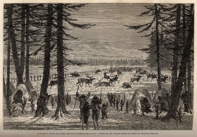 Het koraal voor rendierjacht in de Co-Yukon (co-Yukon of co-Youkouk) (Indiaanse stam van het uiterste noorden van Canada). Gravure ter illustratie van de reis en avonturen in Engels Colombia, Vancouver Island en Alaska, door Frederick Whymper door Unknown artist