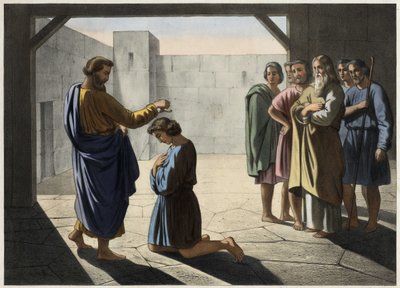 De kroning van David: Samuel wijst David aan als koning van Israël. Anonieme gravure uit de 19e eeuw. door Unknown artist