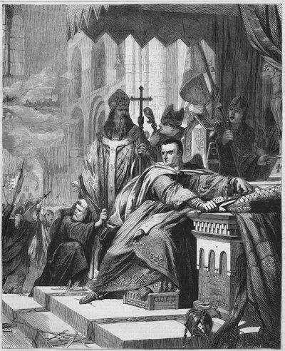 De kroning van Willem I de Veroveraar (1027 - 1087) in 1066. Hertog van Normandië (1035 - 1087) en Koning van Engeland (1066 - 1087). Gravure uit de 19e eeuw door Unknown artist