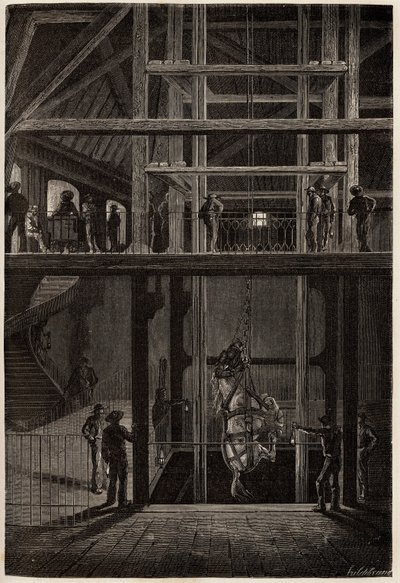 Het afdalen van een paard in de Creusot-mijnen door Unknown artist