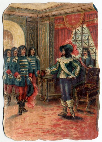 De onenigheid tussen de drie musketiers en de wacht van kardinaal Jules Mazarin (Giulio Raimondo Mazzarino of Mazarino) (1602-1661). Chromolithografie van de 19e eeuw door Unknown artist