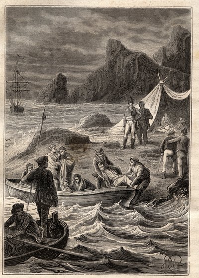 De expeditie naar de zuidelijke landen (1800-1803) door Nicolas Baudin (1754-1803): de zieken van scheurbuik werden aan land gebracht in de Bay of Adventure (Tasmanië, Australië) - illustratie uit 