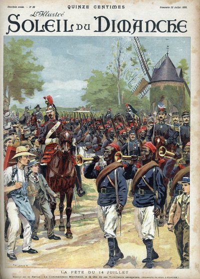 Het feest van 14 juli: Commandant Marchand leidt de Senegalese ruiters. Gravure in 