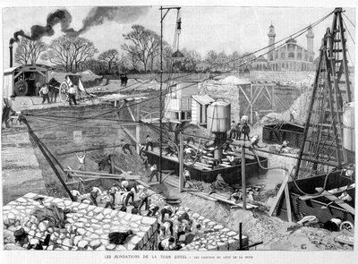 De fundamenten van de Eiffeltoren: de caissons aan de Seine-kant - in Illustration 14/05/1887. door Unknown artist
