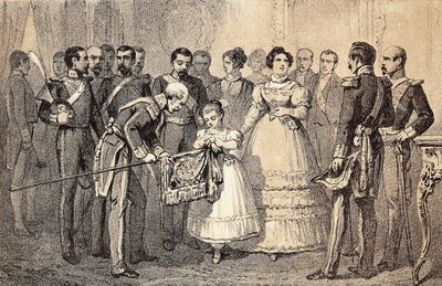 De toekomstige koningin van Spanje Isabella II (Isabella van Bourbon) (1830-1904) (Isabel II van Spanje) decoreert de vlag van de Speren van de Garde van de Orde van Sint Ferdinand (San Fernando). Lithografie. door Unknown artist