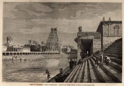 De ghat of heilige vijver van de Chillambaran-pagode, gelegen aan de Golf van Bengalen, nabij Pondichery (Pondicherry) (India); enkele gelovigen dalen de monumentale trap af om een bad te nemen of reinigende ablutions uit te voeren. Gravure ter illustratie door Unknown artist
