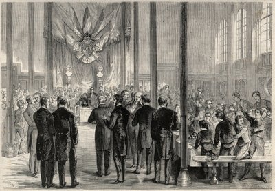 De keizerlijke prins Eugène Louis Joseph (1856-1879) woont het banket van de Saint Charlemagne bij in Parijs, op het Lycée Bonaparte (toen Lycée Condorcet). Gravure in 