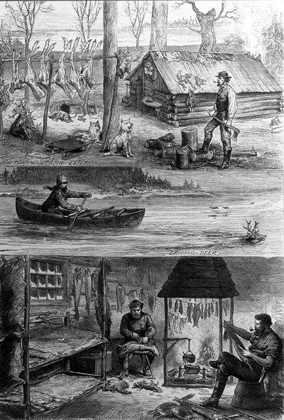Het leven van trappers (beroepsjagers) in Canada: bovenaan staat een van de trappers bij zijn hut, onderaan werken ze leer en halen ze de vacht van de huid van de bevers. Gravure uit de 19e eeuw door Unknown artist