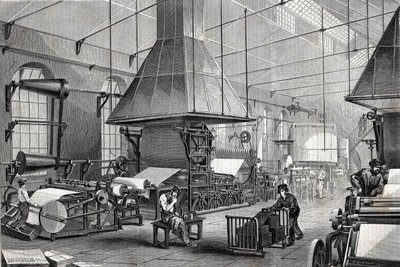 De machineruimte van een papierfabriek. Gravure door Unknown artist