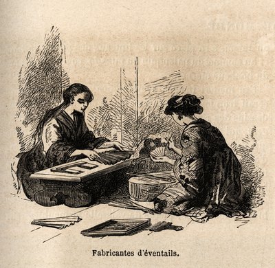 De vervaardiging van waaiers. Gravure ter illustratie van de reis naar Japan in 1863-1864, door Aime Humbert, minister van de Zwitserse Confederatie, in 