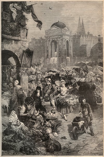 De markt en de fontein van de Onschuldigen, Parijs in de 18e eeuw - gravure van de 19e eeuw door Unknown artist