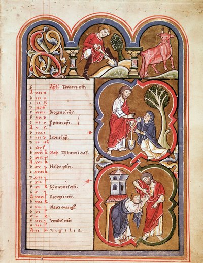De maand april, Noli me tangere, de ongeloof van Sint Thomas (Pagina uit psalter van Sint Elisabeth) rond 1270 Cividale del door Unknown artist