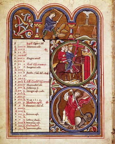 De maand september, landbouwarbeid, het feest van de verheffing van het kruis, St. George verslaat de draak (manuscriptpagina uit het Psalter van Sint Elizabeth) door Unknown artist