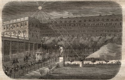 Het middagkanon (zonkanon) bij het Palais Royal in Parijs. Gravure uit 1857 in 
