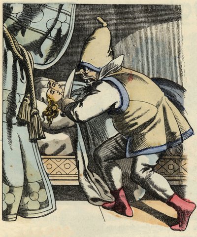 De reus hakt het hoofd van zijn zeven dochters af, denkend dat hij Klein Duimpje en zijn broers doodt (illustratie van het sprookje 