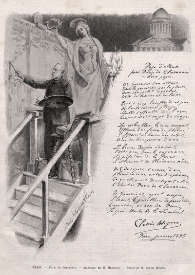 De schilder Puvis de Chavannes (1824-1898) bezig met schilderen - allegorie door M. Merwart met een gedicht van Clovis Hugues door Unknown artist