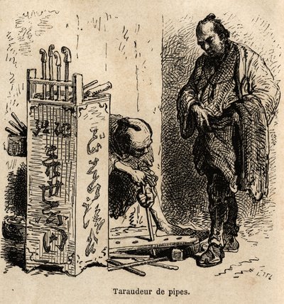 De pijptapmachine in zijn werkplaats, hij gebruikt een eenvoudige plank met gaten van ongelijke grootte, gezet in een ijzeren spiraal, om de pijpen te tappen. Gravure ter illustratie van de reis naar Japan, door Aime Humbert, minister van de Zwitserse Conf door Unknown artist