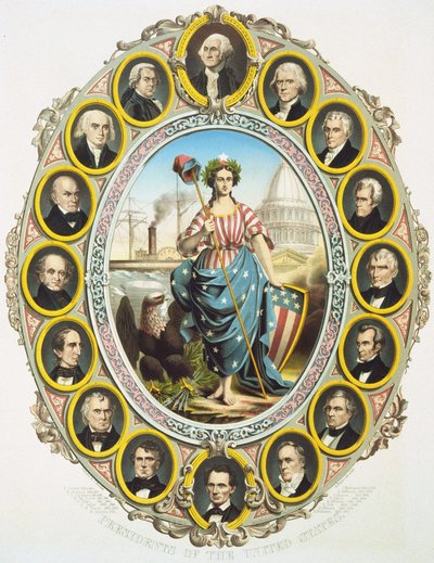 De presidenten van de Verenigde Staten met het symbool van Amerika in het midden. Boven, Washington en onder Abraham Lincoln. Poster gepubliceerd bij de inauguratie van Lincolns presidentschap in 1861 door Unknown artist