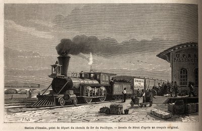 Het spoorwegstation Omaha (Nebraska), het startpunt van de lijnen naar de Stille Oceaan. Gravure ter illustratie van de reis naar het verre westen van Amerika, door M. L. Simonin, in 1867, gepubliceerd in 